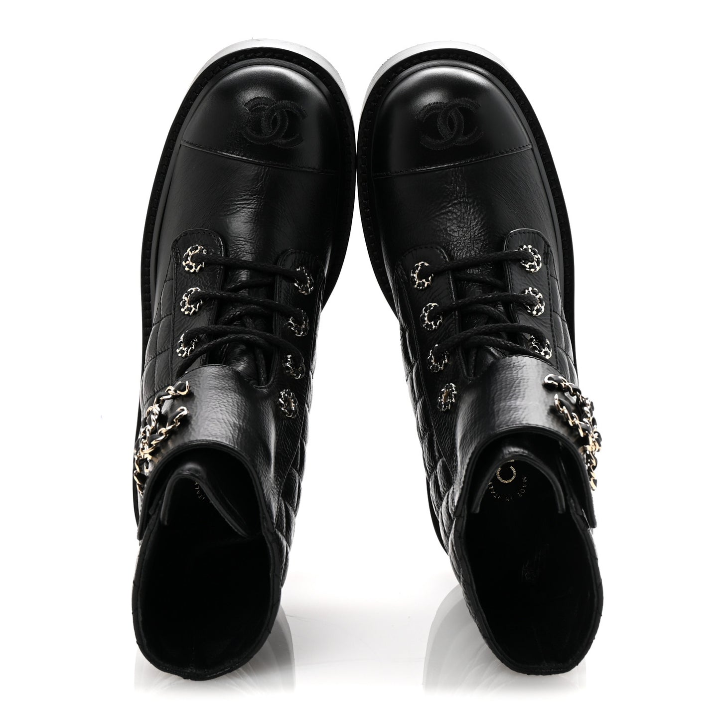 Shiny Goatskin Calfskin Quilted Lace Up Combat Boots 37 Black