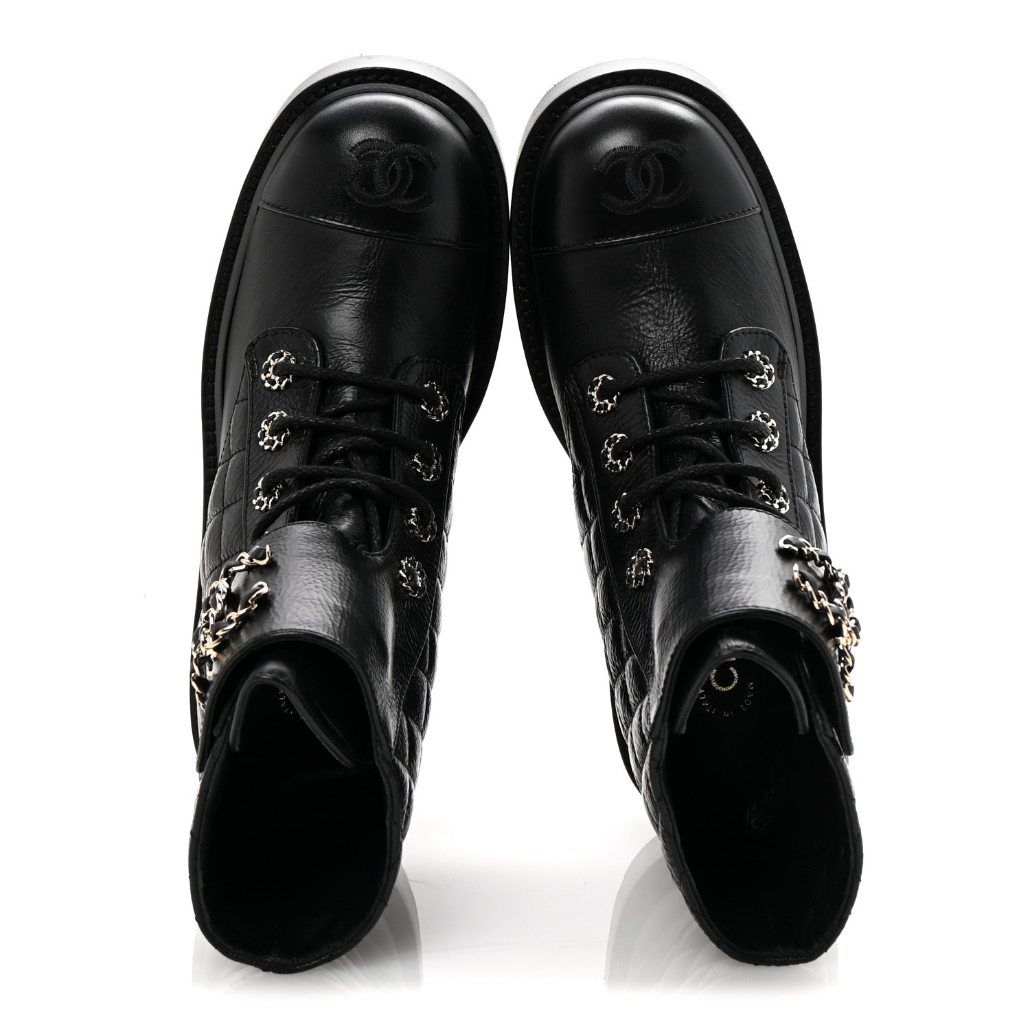 Chanel Shiny Goatskin Calfskin Quilted Lace Up Combat Boots 37 Black 2 of 10