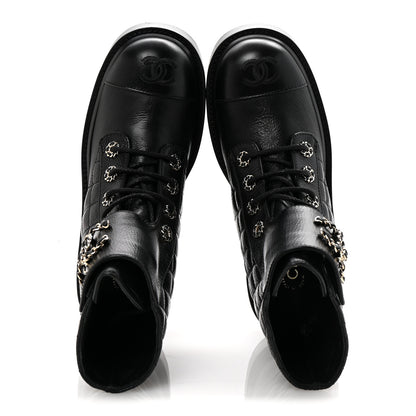 Chanel Shiny Goatskin Calfskin Quilted Lace Up Combat Boots 37 Black 2 of 10