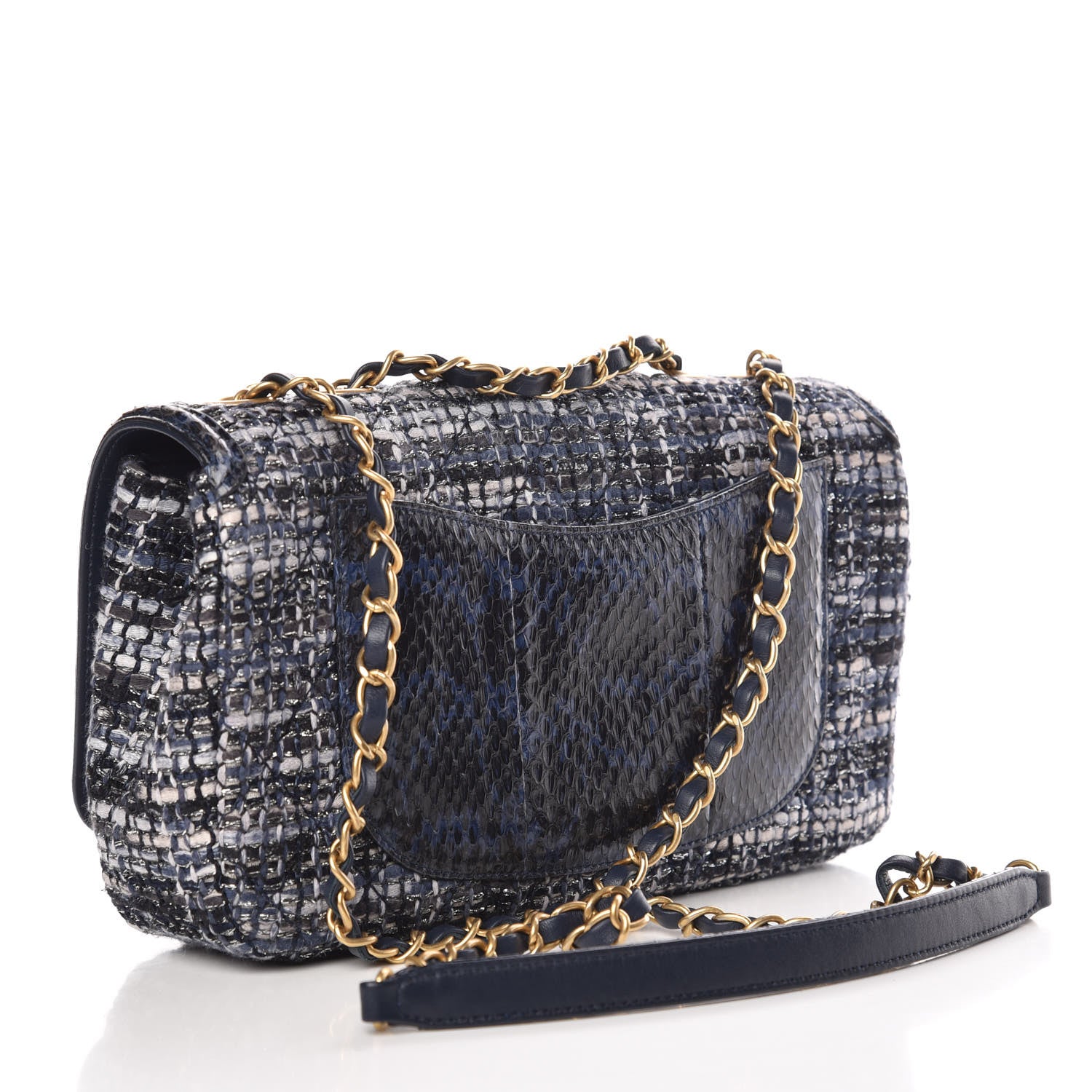 Chanel Tweed Watersnake Quilted Medium CC Filigree Flap Blue Black Ecru Silver 3 of 10