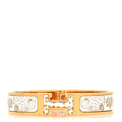 Hermes Enamel Printed Narrow Leopards Clic Clac H Bracelet PM Jaune Or White 1 of 5
