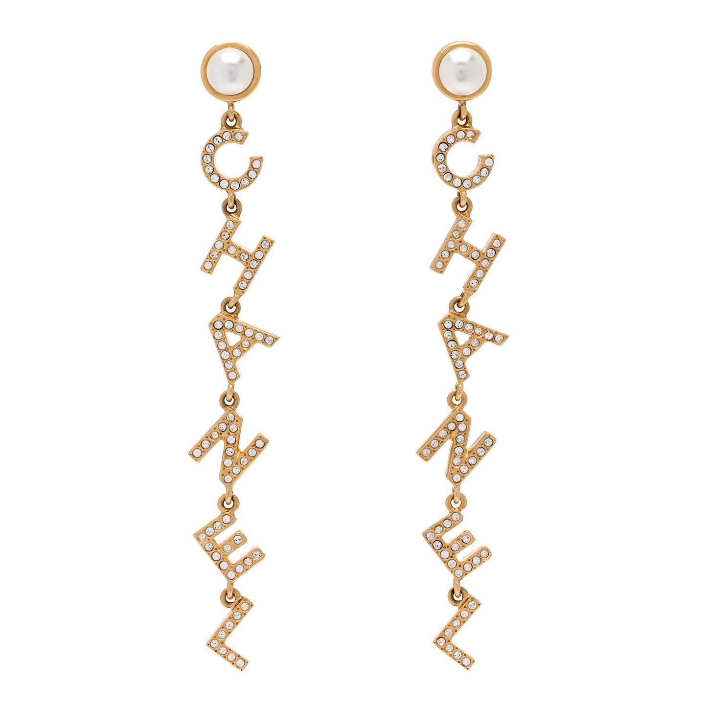Crystal Pearl Logo Drop Earrings Gold