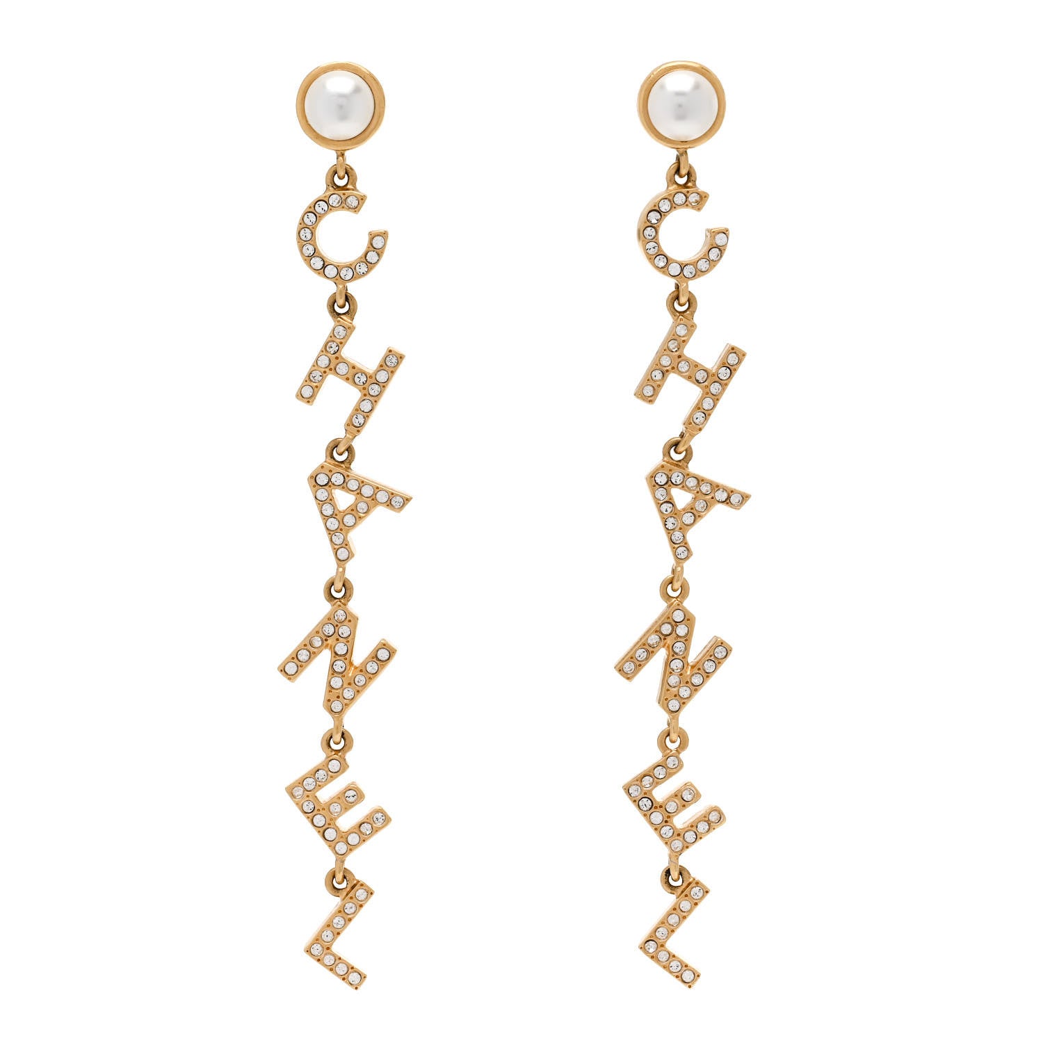 Chanel Crystal Pearl Logo Drop Earrings Gold 1 of 5