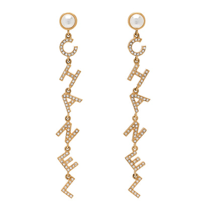 Chanel Crystal Pearl Logo Drop Earrings Gold 1 of 5