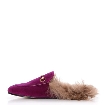 Gucci Velvet Fur Womens Princetown Slippers 38 Fucsia Violet Cyclamen Natural 1 of 7