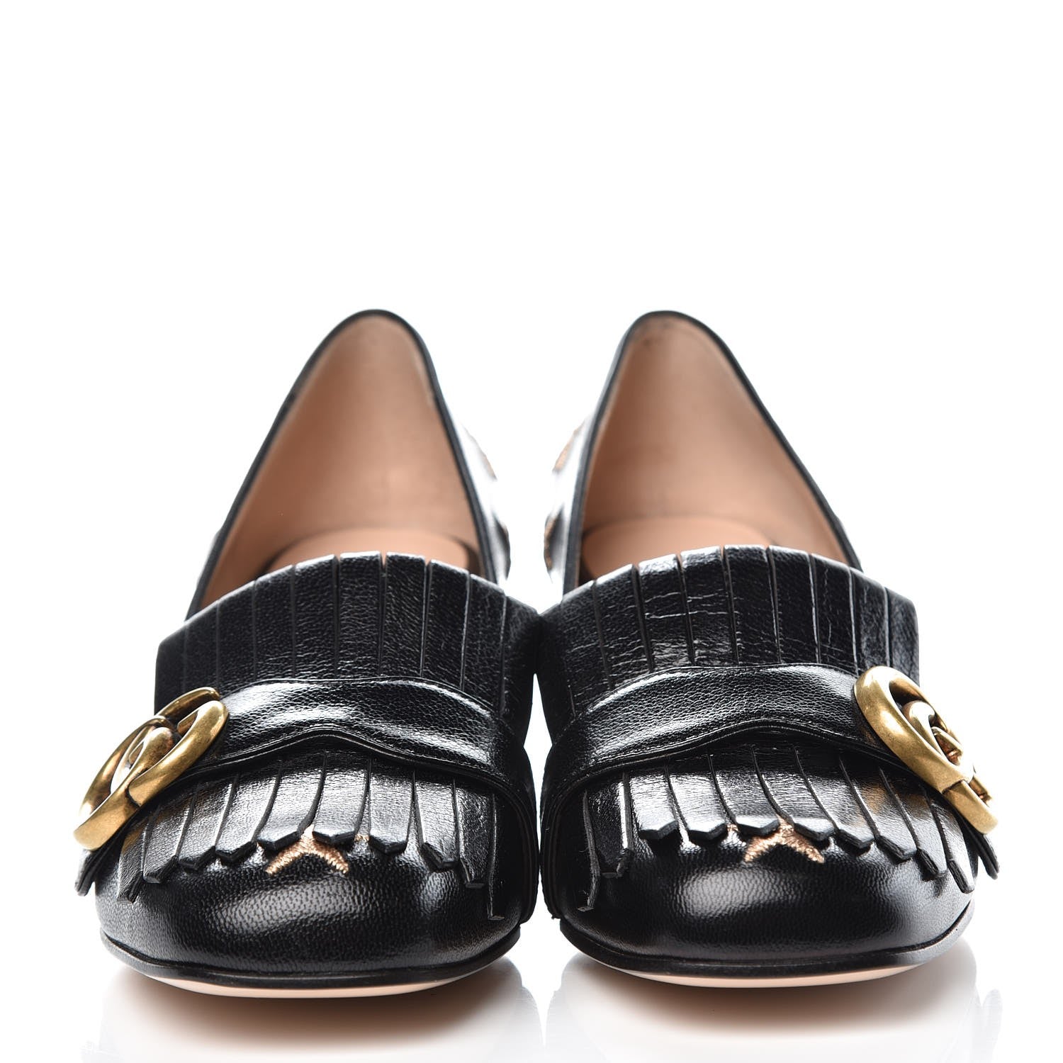 Gucci Quentin Goatskin Bee Star Embroidered GG Marmont Fringe 50mm Loafer Pumps 37 Black 2 of 12