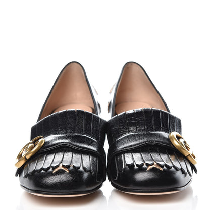 Gucci Quentin Goatskin Bee Star Embroidered GG Marmont Fringe 50mm Loafer Pumps 37 Black 2 of 12
