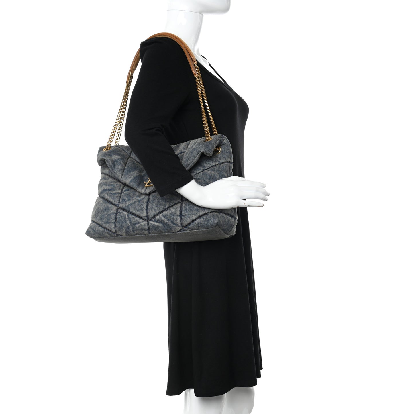Denim Quilted Medium Loulou Puffer Monogram Chain Satchel Blue Cinnamon