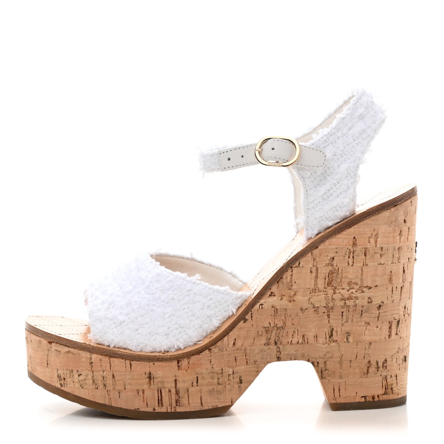 Chanel Tweed Cork CC Wedge Sandals 38 White 1 of 9