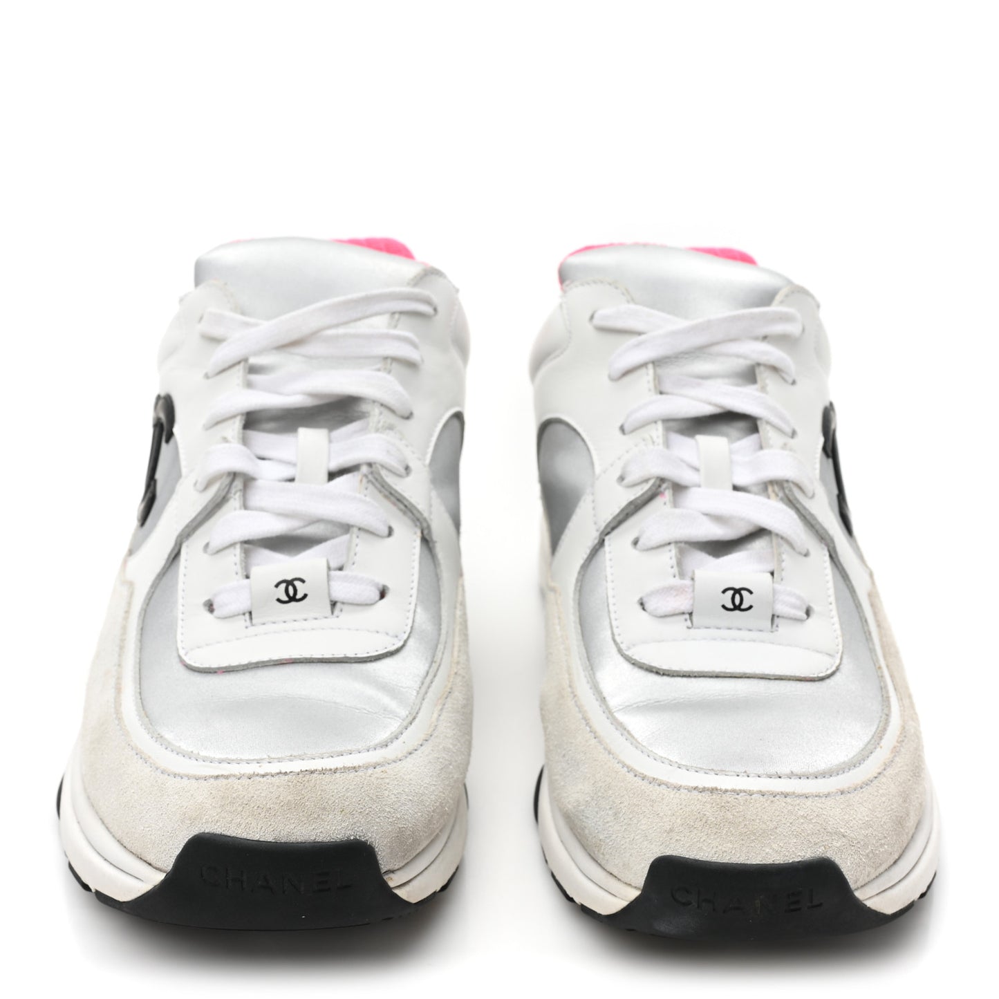 Calfskin Fabric Sneakers 38.5 White Silver Fluo Pink