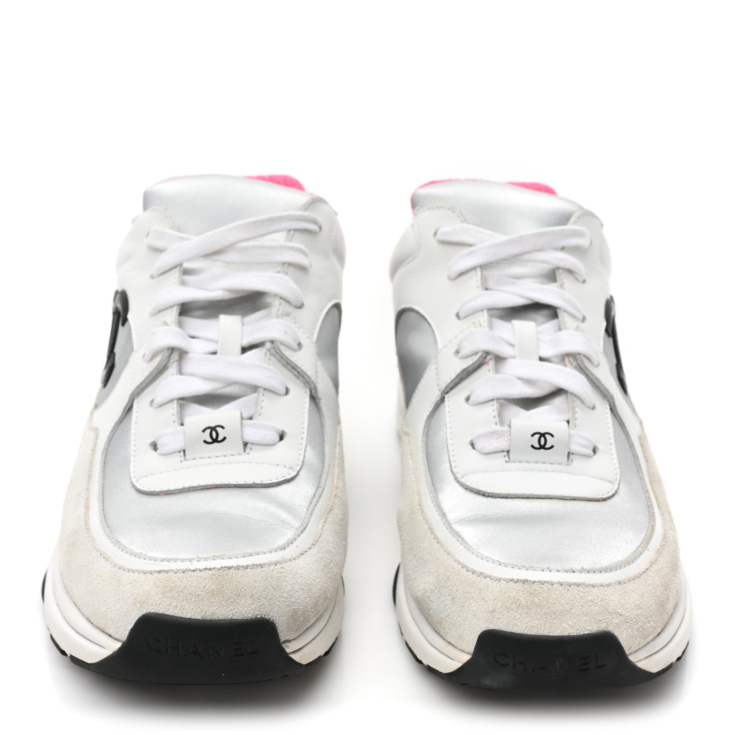 Chanel Calfskin Fabric Sneakers 38.5 White Silver Fluo Pink 2 of 12