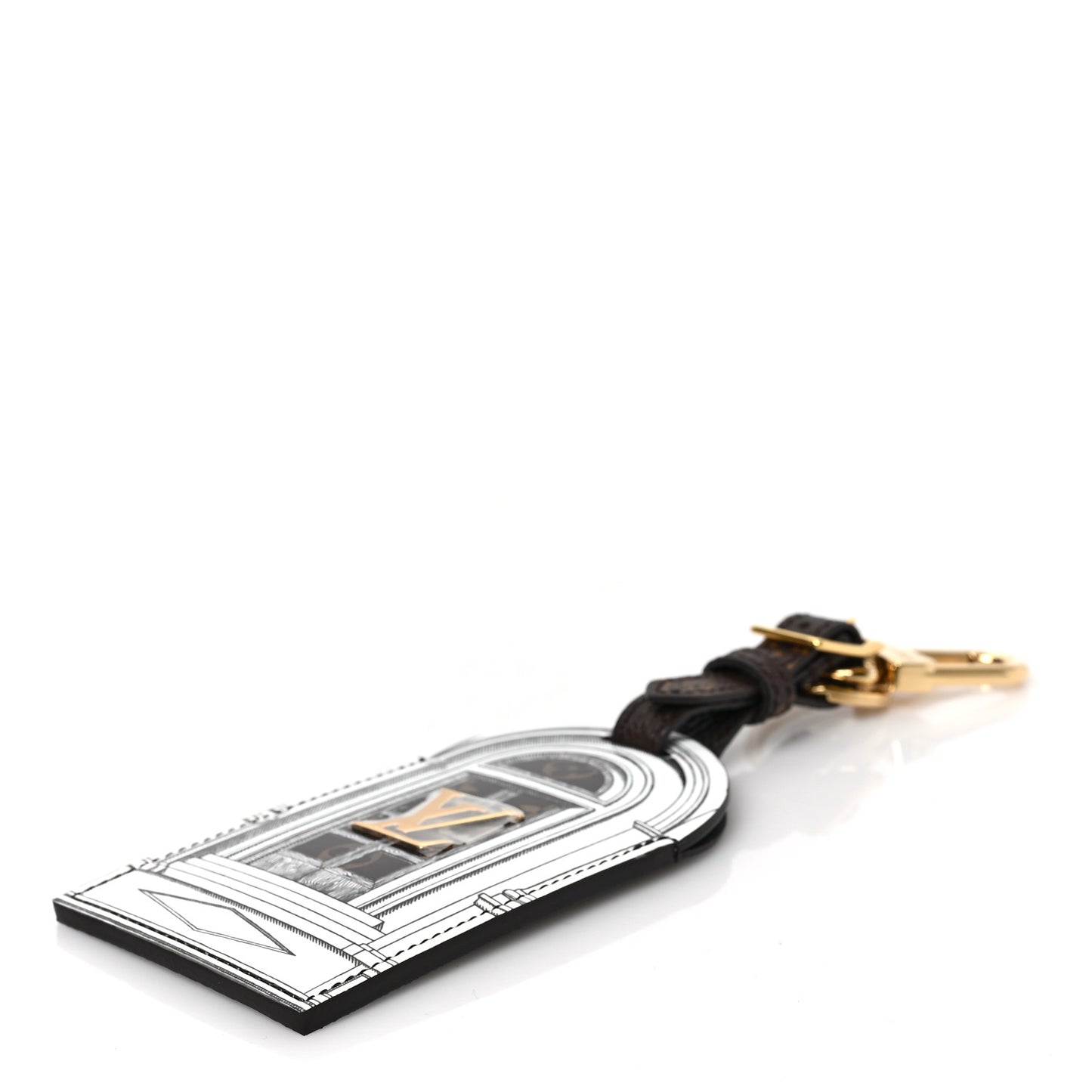 X FORNASETTI Calfskin Architettura Luggage Tag Bag Charm Key Holder Black White