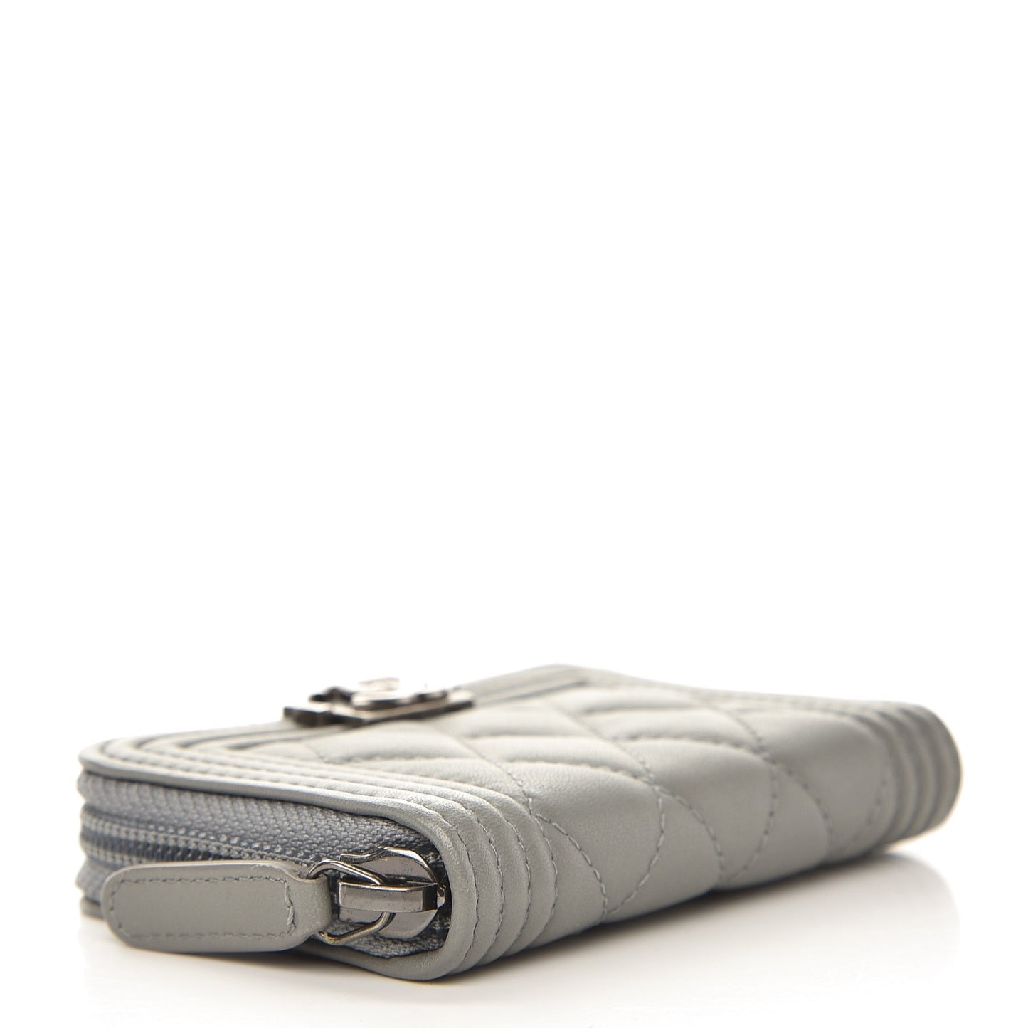 Lambskin Quilted Boy Zip Around Coin Purse Wallet Grey