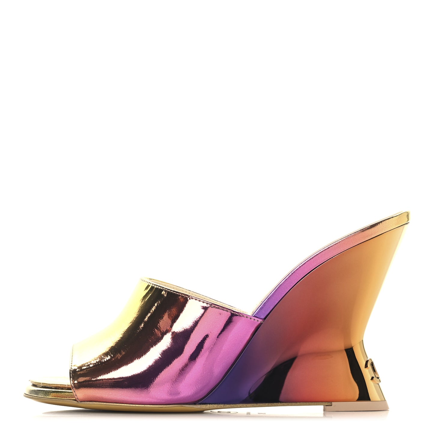 Laminated Calfskin Wedge Mules 38 Pink Orange Yellow
