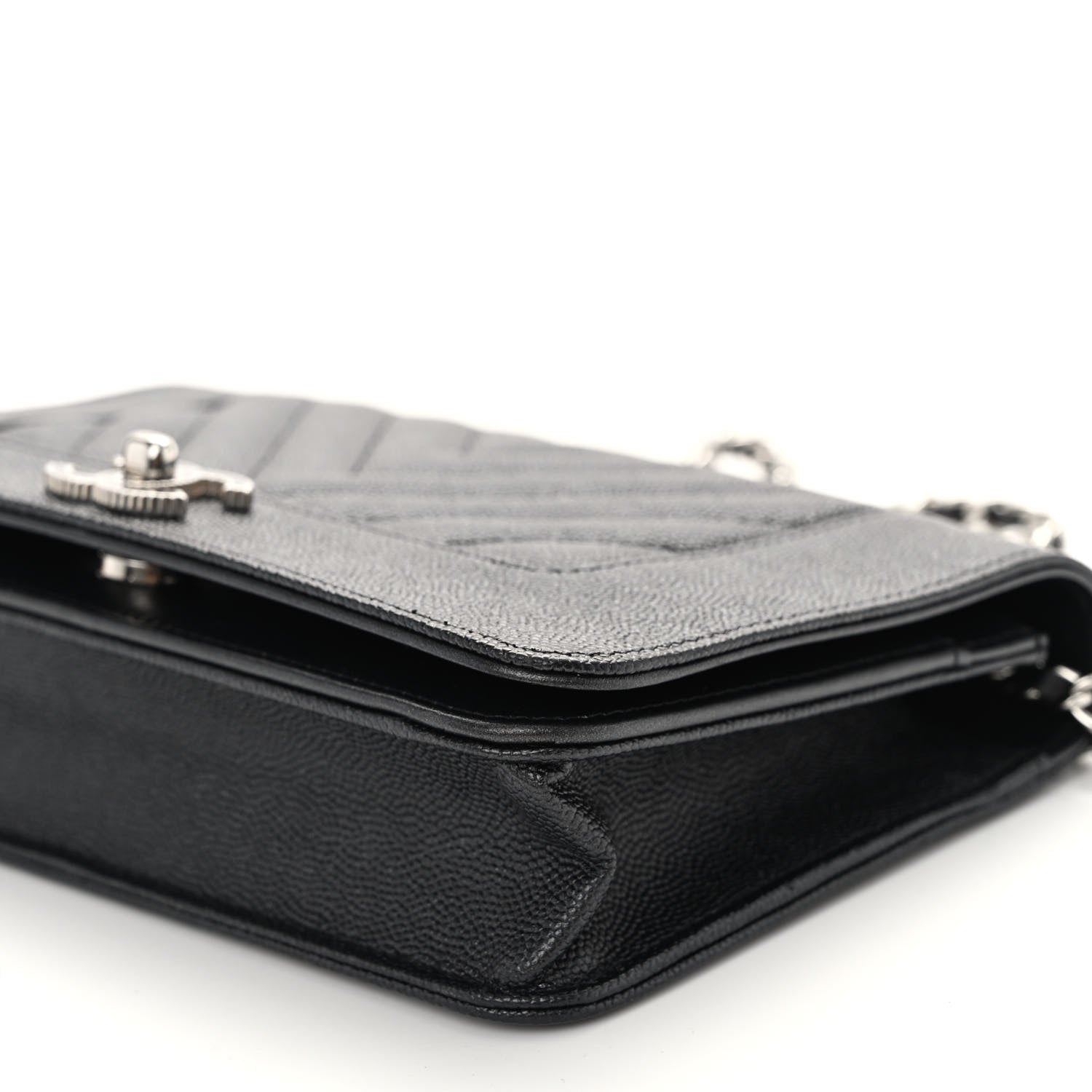 Chanel Metallic Caviar Chevron Quilted Vintage Mademoiselle Wallet On Chain WOC Charcoal 10 of 10