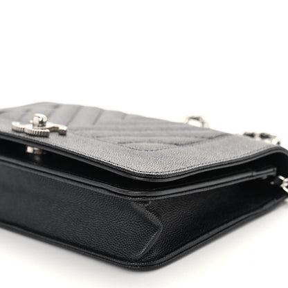 Chanel Metallic Caviar Chevron Quilted Vintage Mademoiselle Wallet On Chain WOC Charcoal 10 of 10
