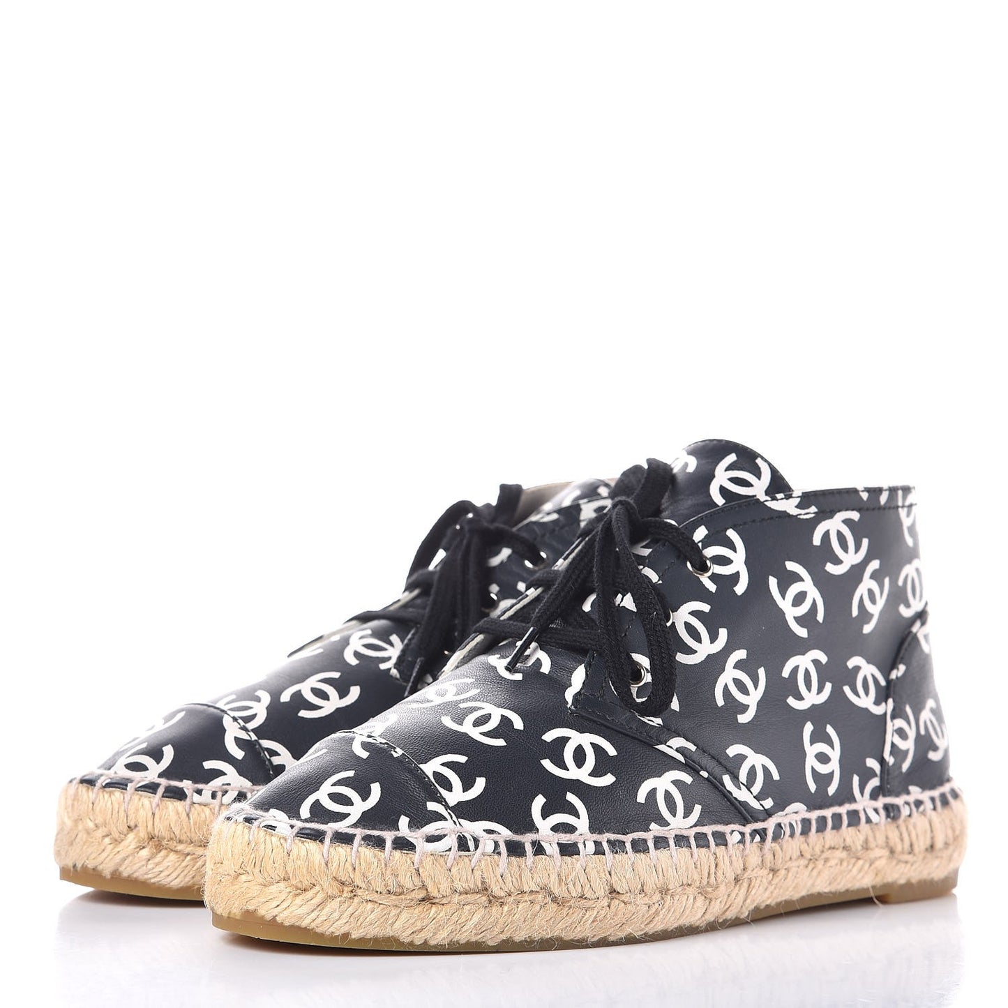 Lambskin Printed CC Lace Up Espadrilles 35 Black White