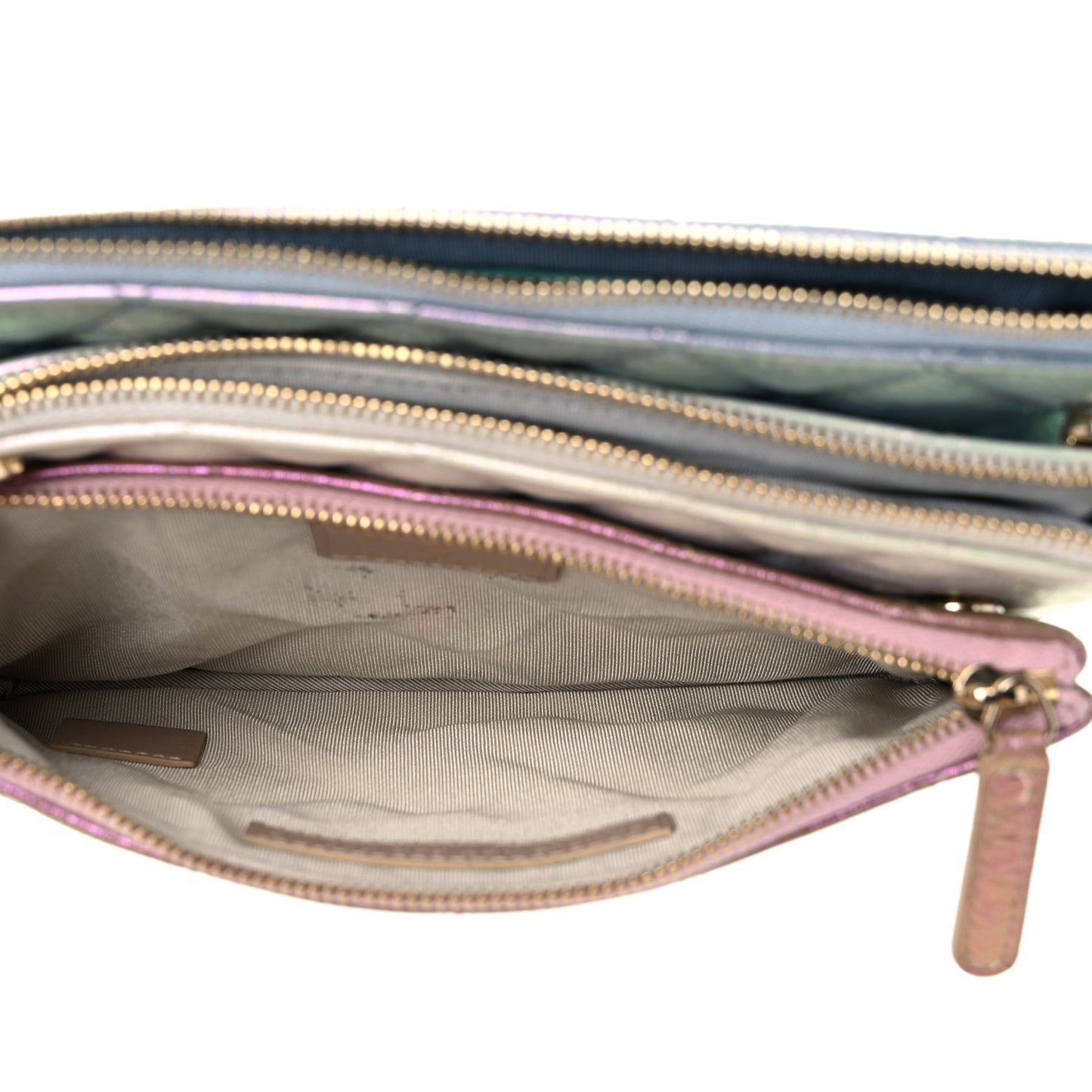 Iridescent Crumpled Calfskin Trio Cosmetic Case Blue Pink Ivory