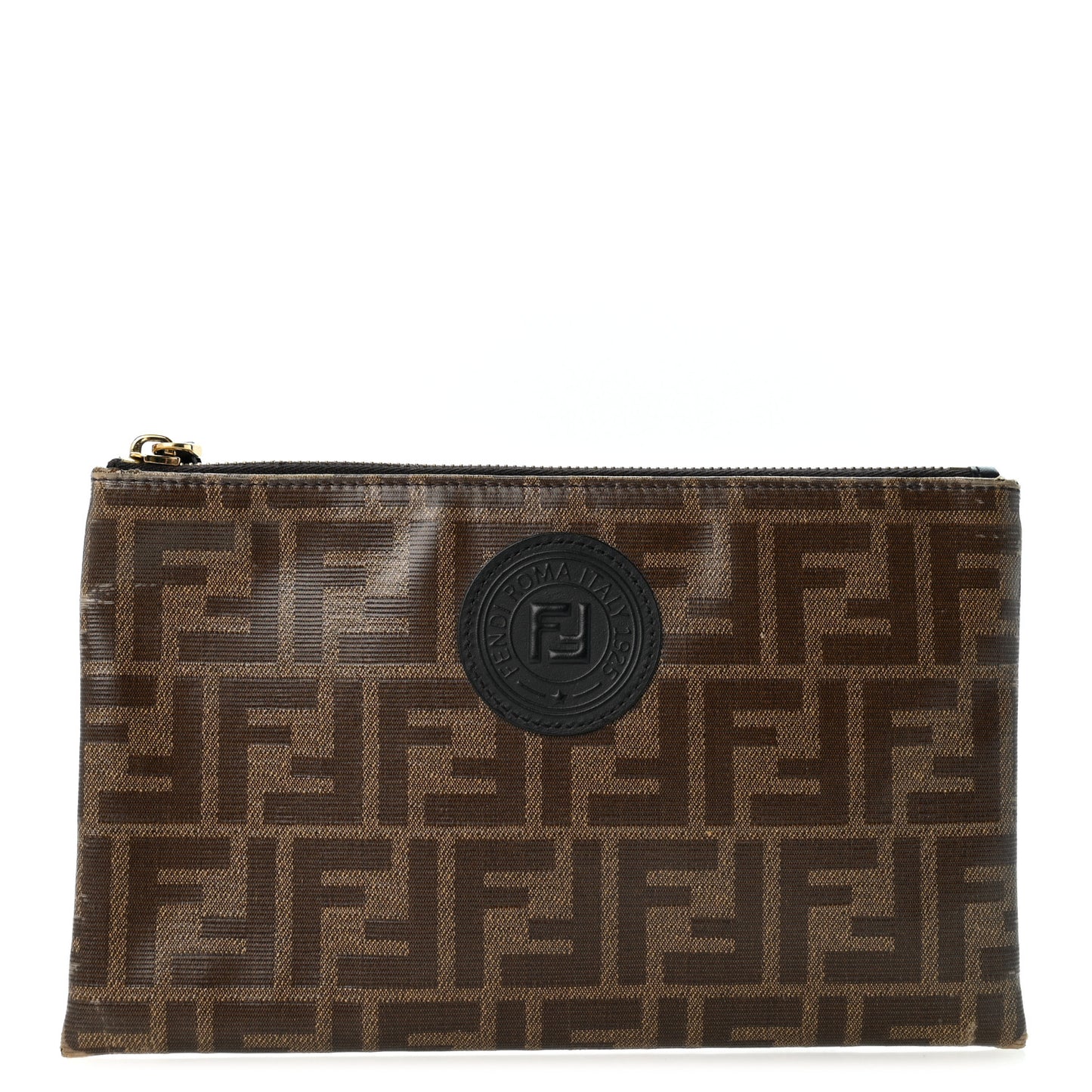 Glazed Fabric Vitello Century FF 1974 Stamp Patch Small FFreedom Flat Pouch Mogano Panna Black