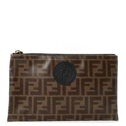 Fendi Glazed Fabric Vitello Century FF 1974 Stamp Patch Small FFreedom Flat Pouch Mogano Panna Black 1 of 8