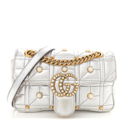 Gucci Metallic Calfskin Matelasse Studded Mini Pearly GG Marmont Shoulder Bag Silver 1 of 11