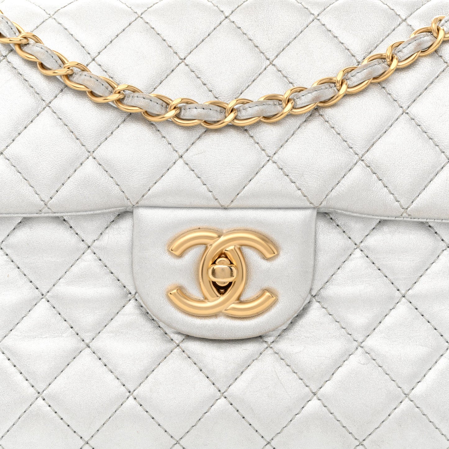 Metallic Lambskin Quilted Maxi Single Flap Silver
