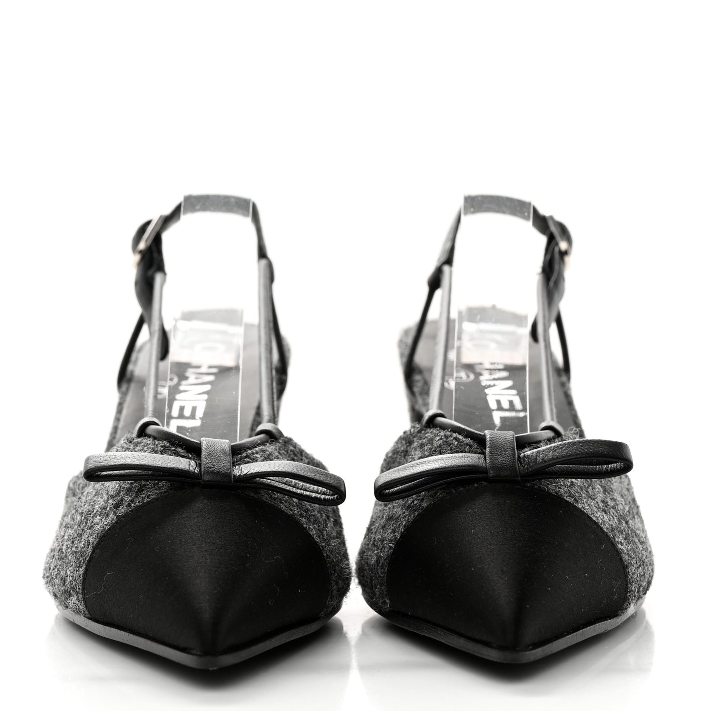Tweed Satin Slingback Cap Toe Bow Pumps 36.5 Grey Black