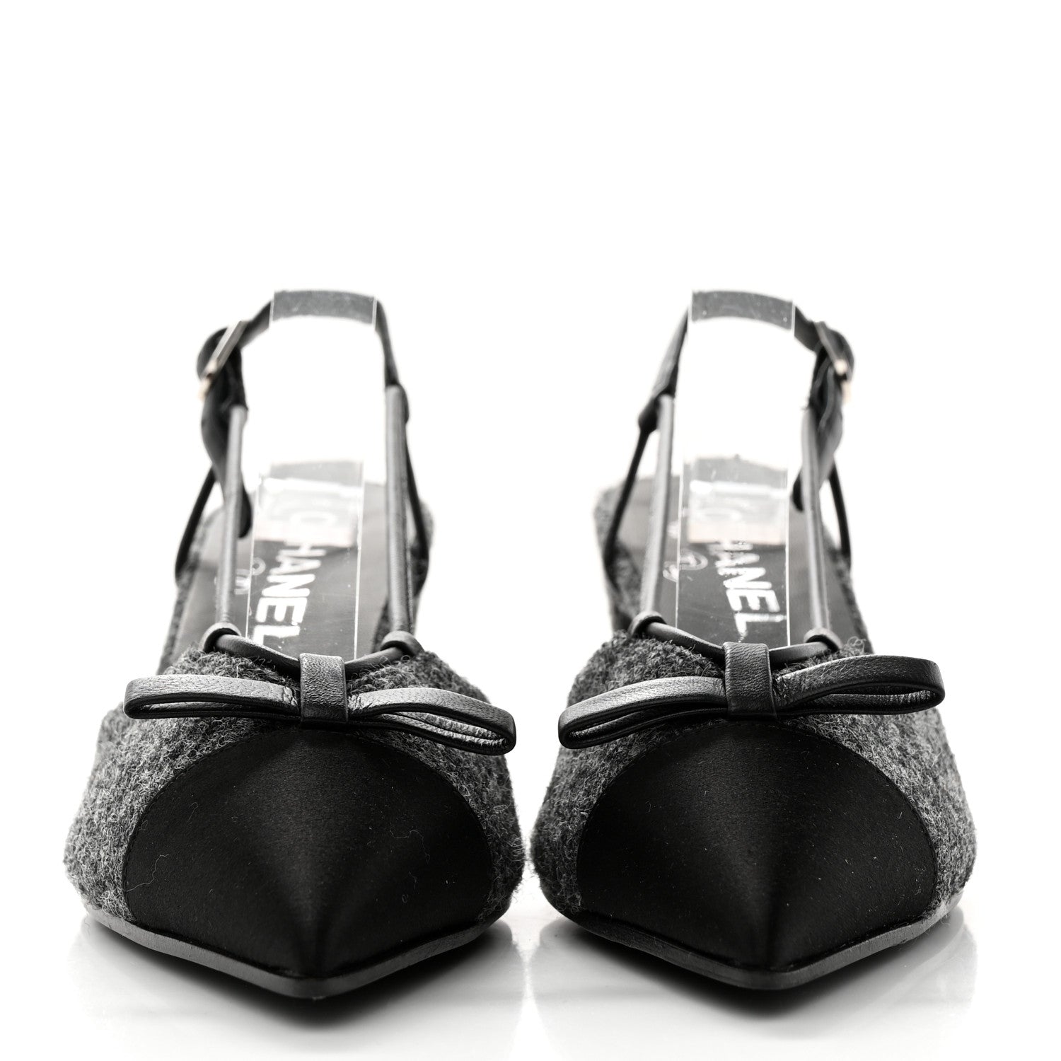 Chanel Tweed Satin Slingback Cap Toe Bow Pumps 36.5 Grey Black 2 of 9