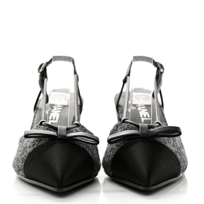 Chanel Tweed Satin Slingback Cap Toe Bow Pumps 36.5 Grey Black 2 of 9