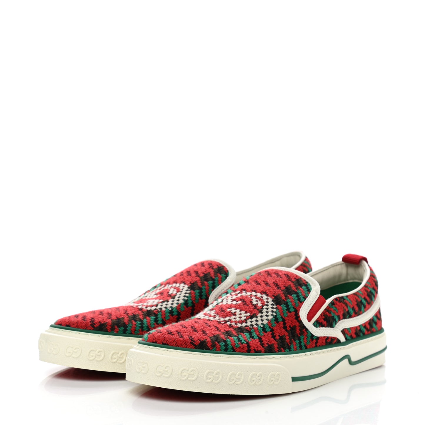 Cotton Wool Web Houndstooth Interlocking G Mens 1977 Tennis Slip On Sneakers 7 Red Green