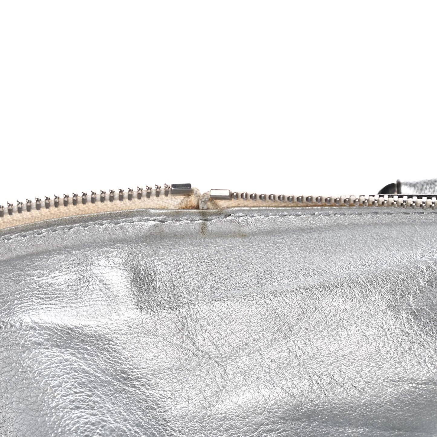 Distressed Calfskin Ruffled Miss Rouche Satchel White Silver
