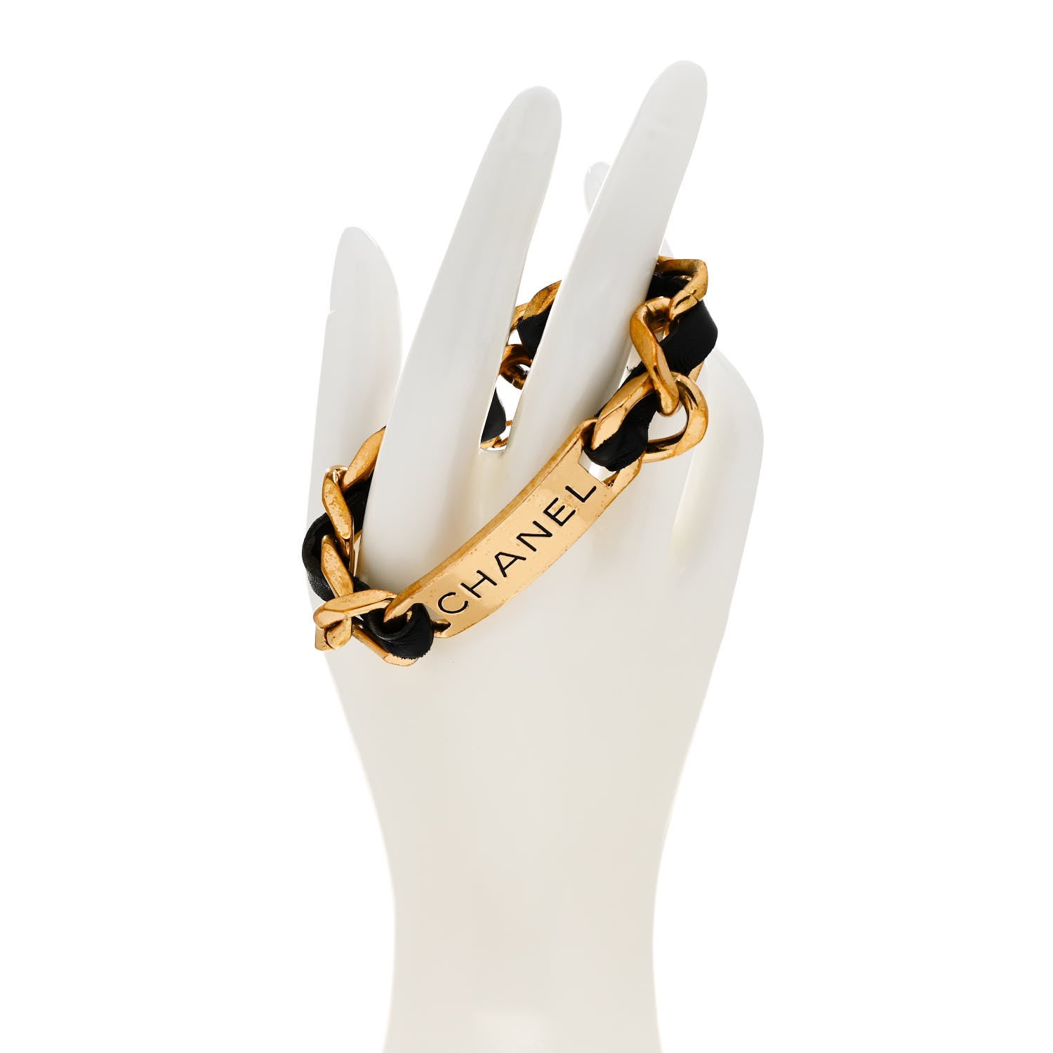 Chanel Metal Lambskin Name Plate Bracelet Black Gold 2 of 4