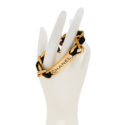 Chanel Metal Lambskin Name Plate Bracelet Black Gold 2 of 4