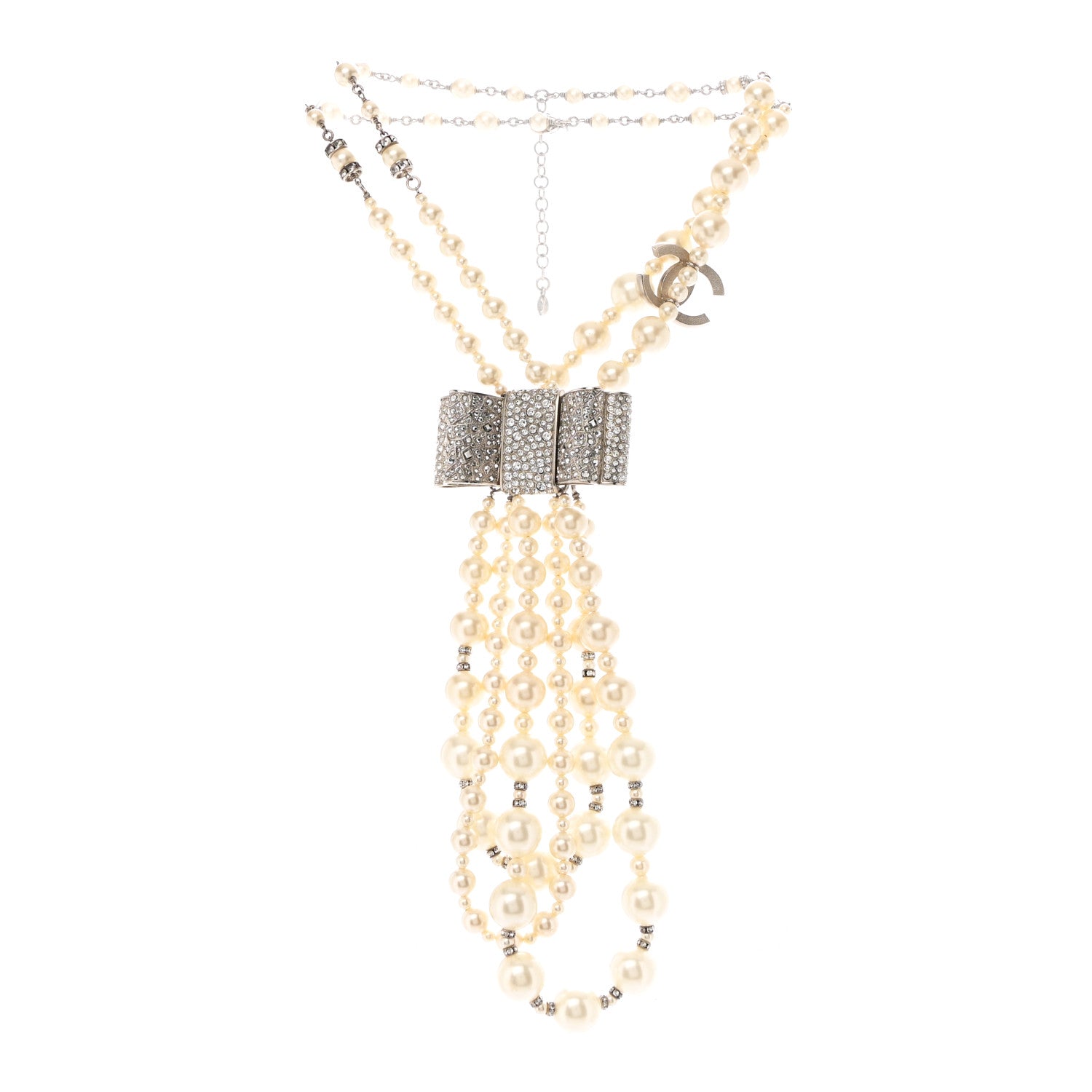 Chanel Pearl Crystal CC Bow Lavalier Necklace Silver 3 of 6