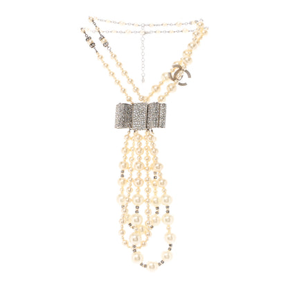 Chanel Pearl Crystal CC Bow Lavalier Necklace Silver 3 of 6