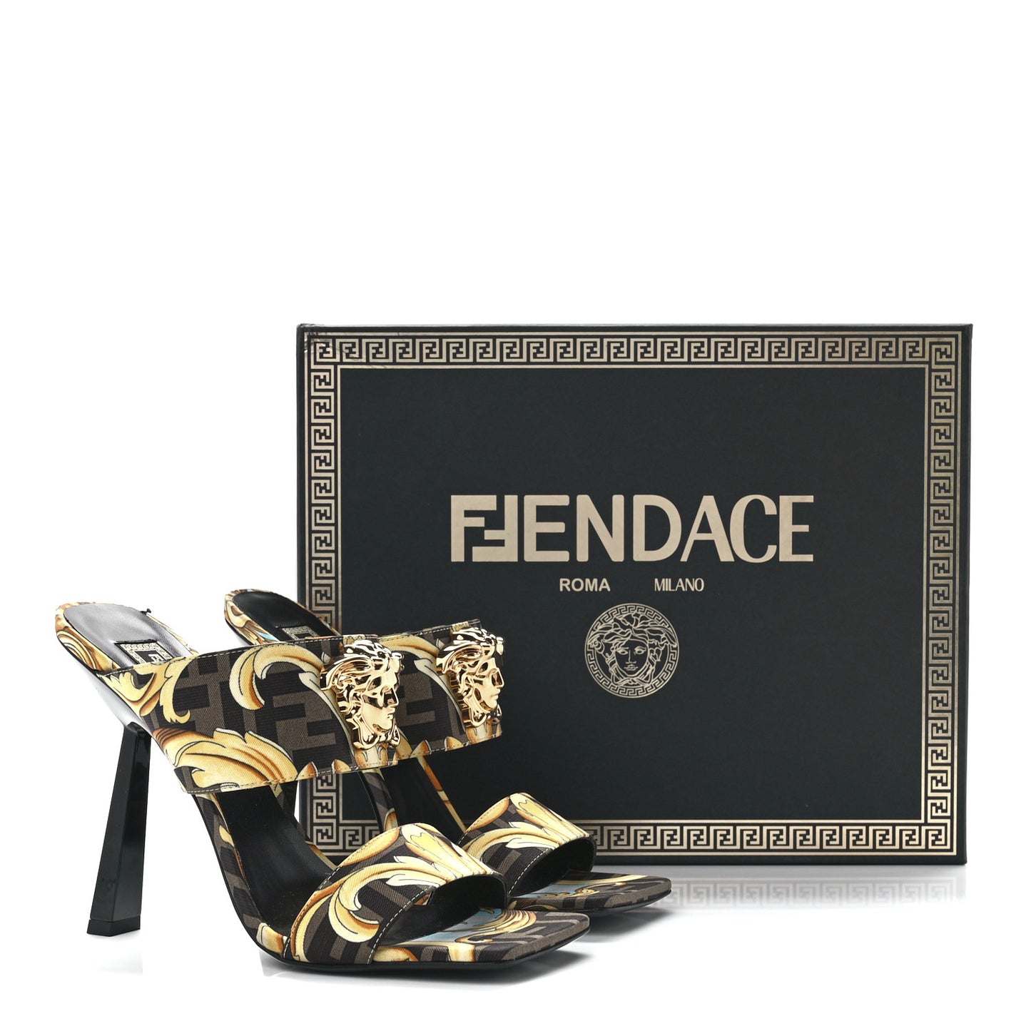 X FENDI Silk Fendace Baroque Medusa High Heel Mule Sandals 39 Tobacco Black Gold