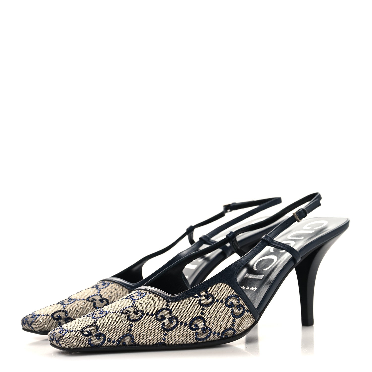 Gucci GG Monogram Malaga Kid Crystal Square G 75mm Slingback Pumps 40 Beige Blue 4 of 9