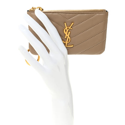 Saint Laurent Calfskin Matelasse Monogram Key Pouch Light Taupe 2 of 7