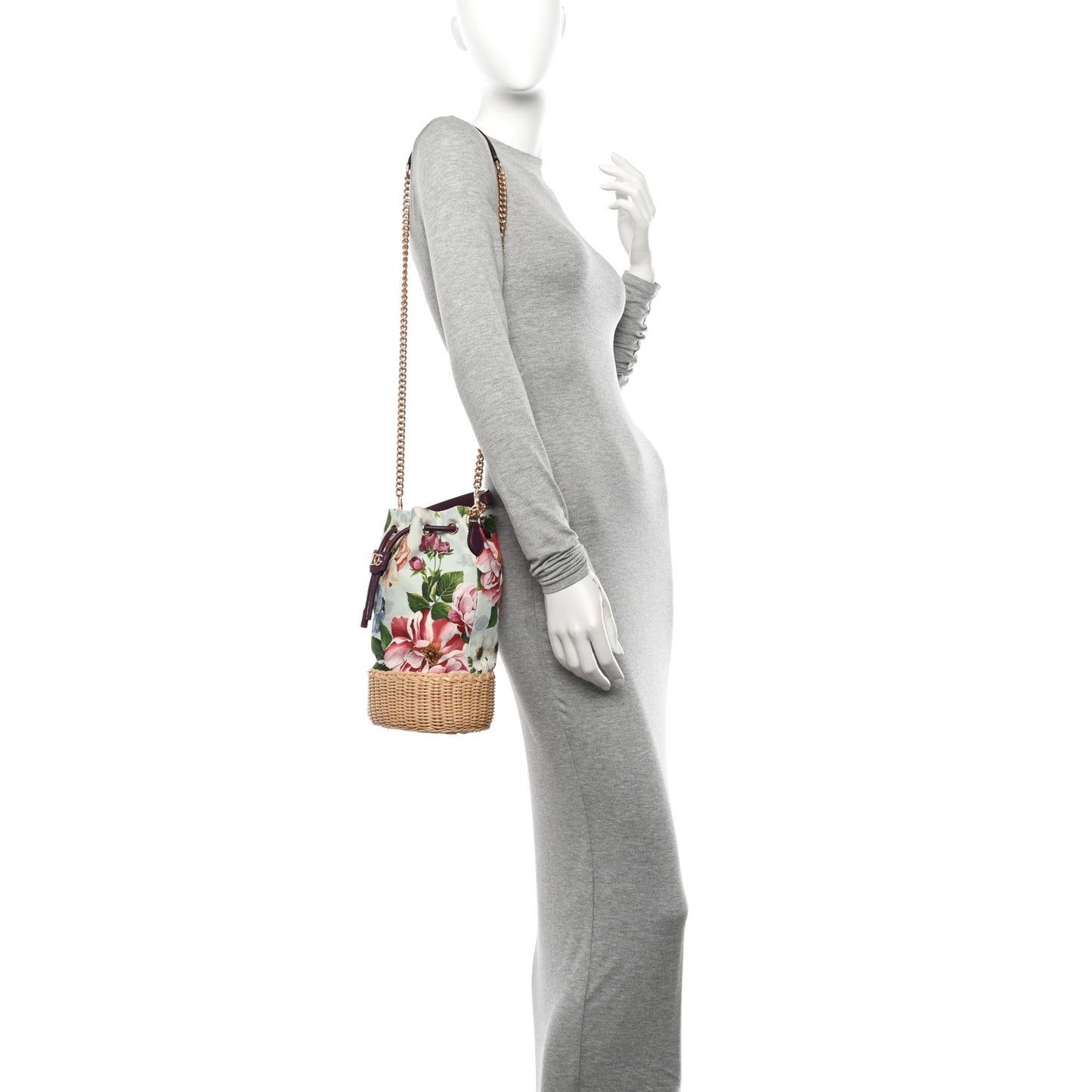 Wicker Canvas Floral Print Millennials Bucket Bag Multicolor