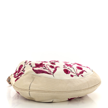 Gucci Lizard Canvas Embroidered Peggy Bamboo Top Handle Hobo White Pink 4 of 11