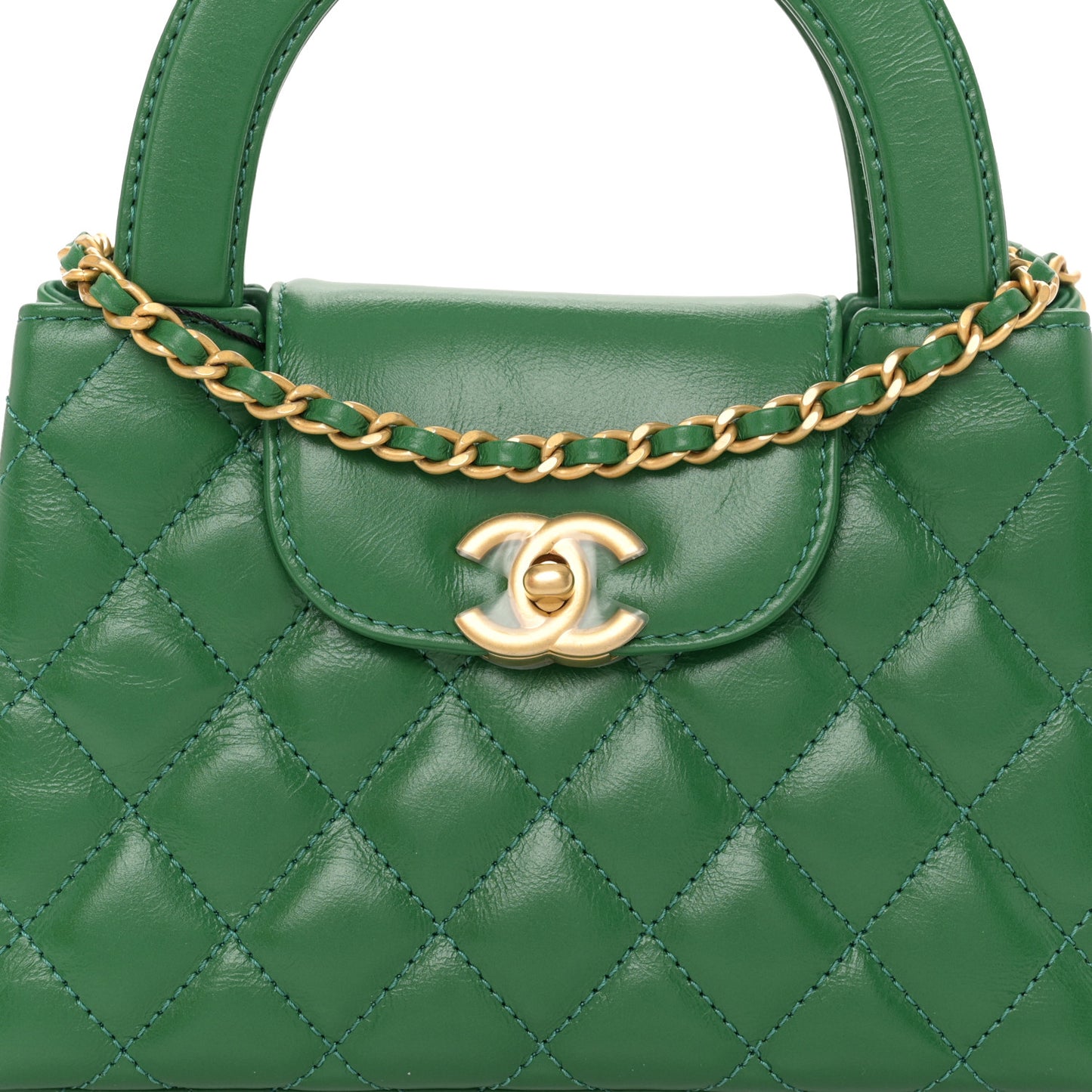 Shiny Aged Calfskin Quilted Nano Kelly Shopper Green
