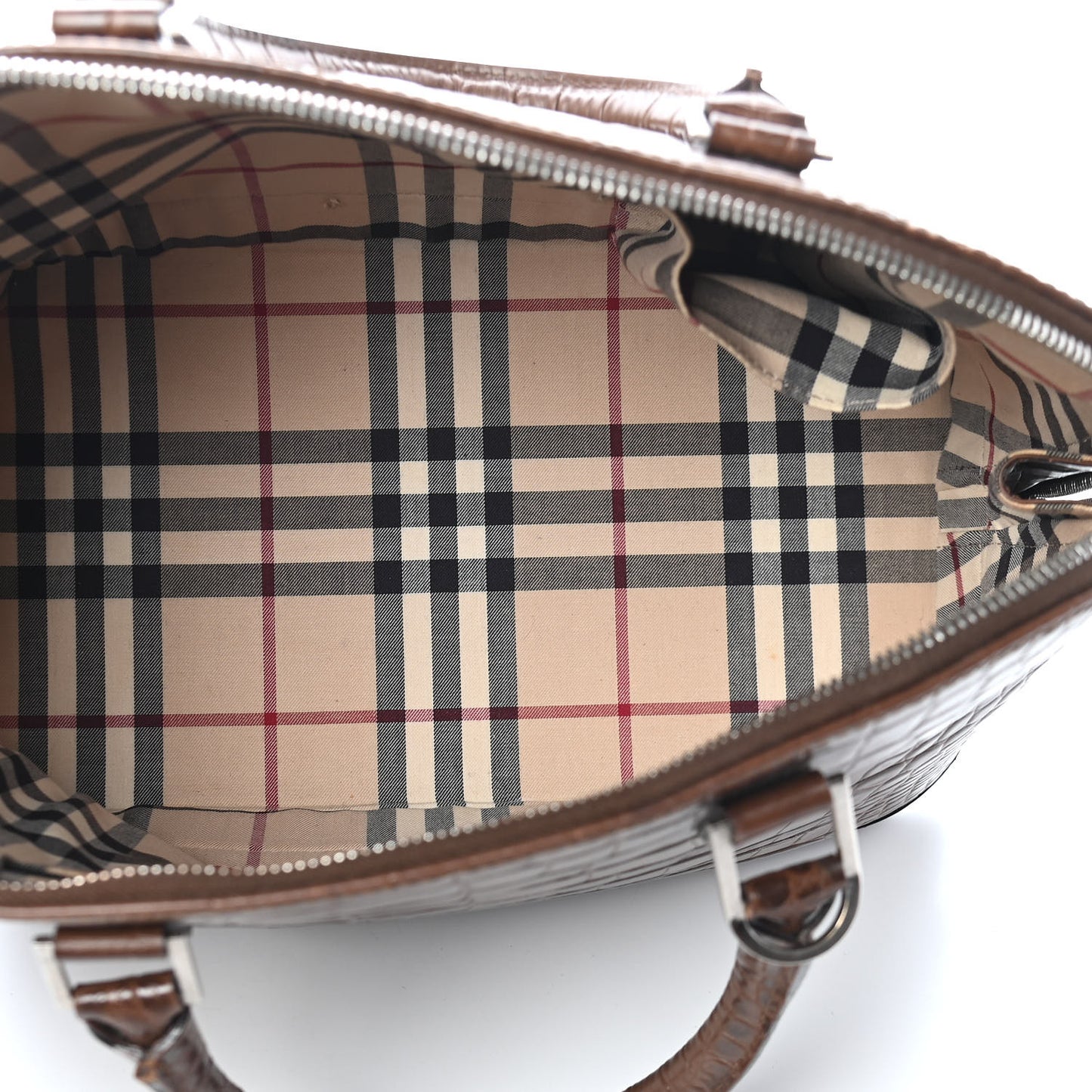 Crocodile Embossed Calfskin Large Bowler Bag Brown
