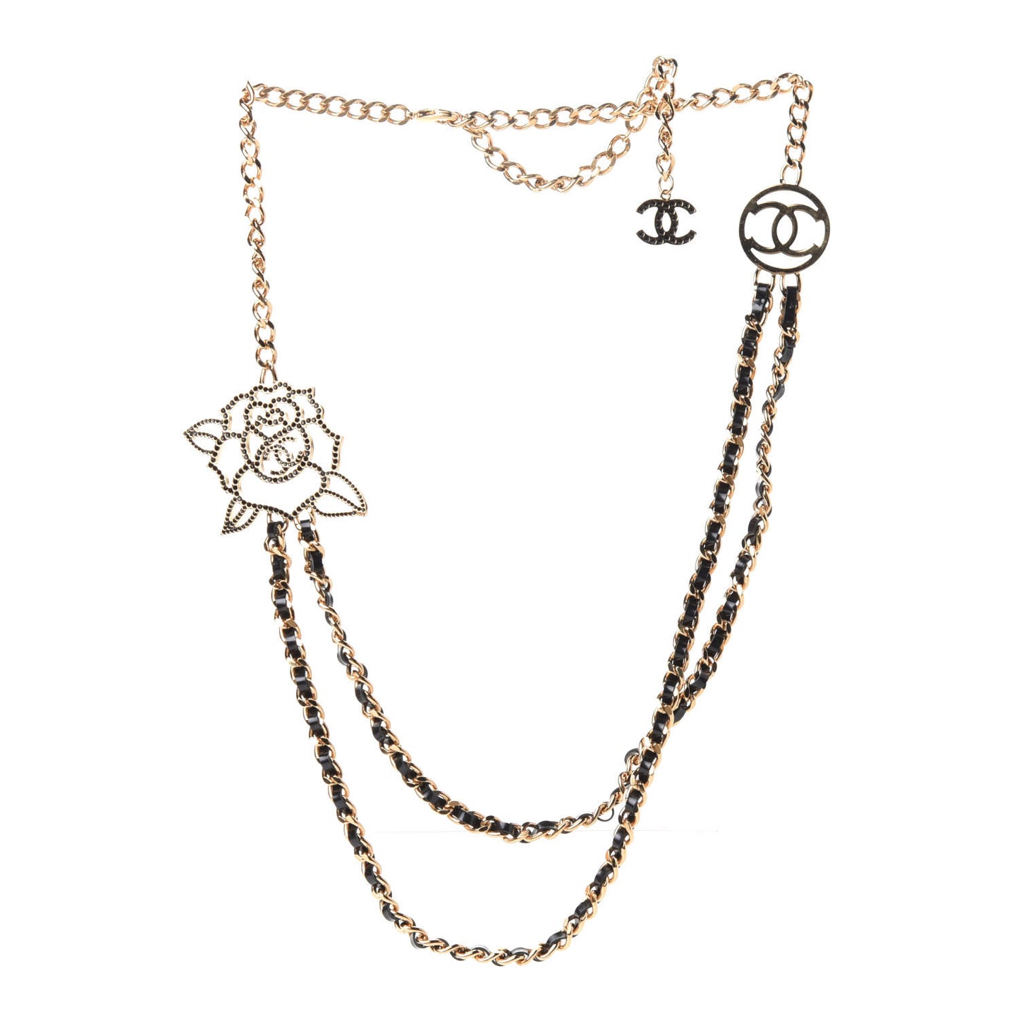 Glazed Calfskin Crystal CC Camellia Long Necklace Gold