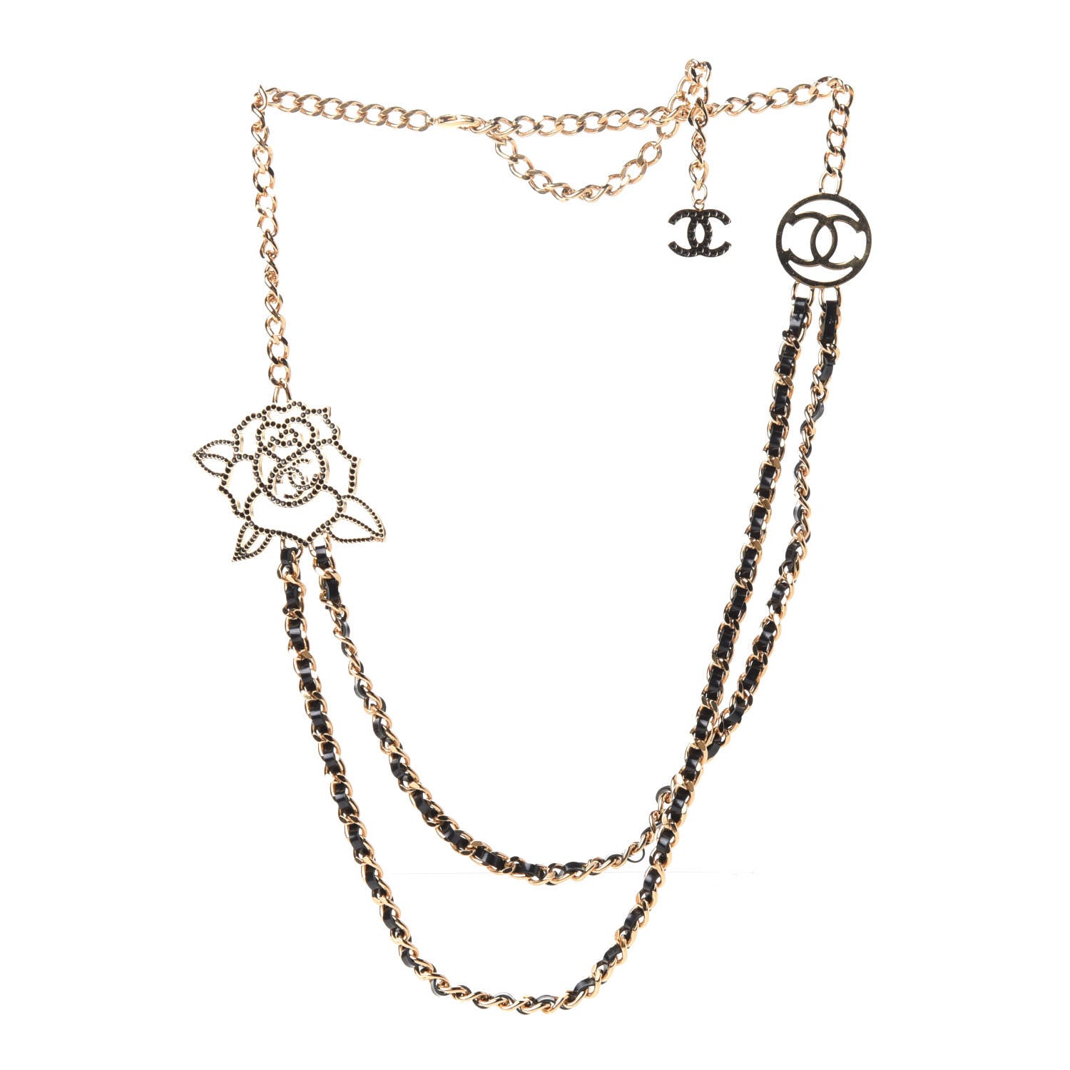 Chanel Glazed Calfskin Crystal CC Camellia Long Necklace Gold 2 of 6