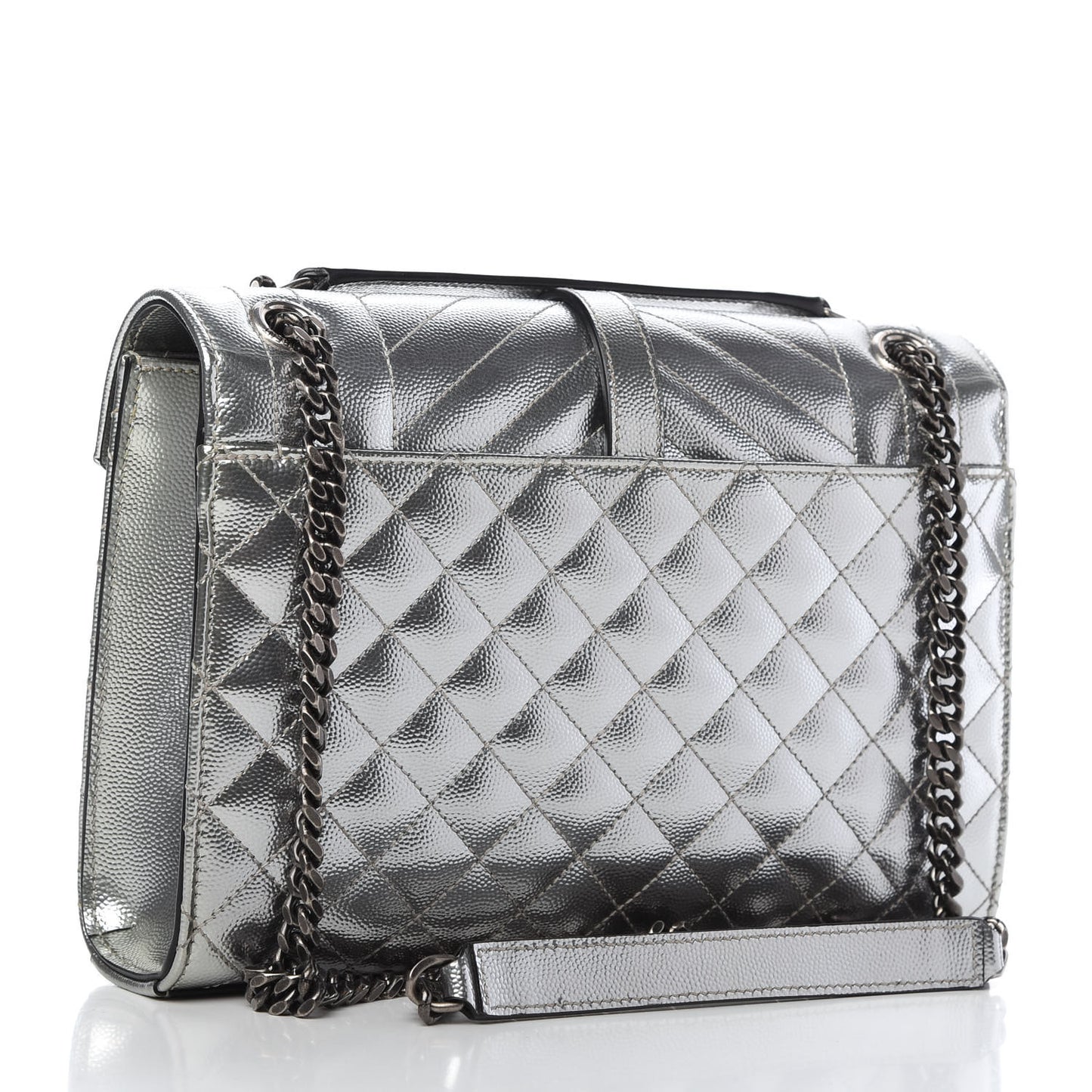 Metallic Grain De Poudre Textured Mixed Matelasse Triquilt Medium Monogram Satchel Silver
