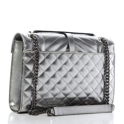 Saint Laurent Metallic Grain De Poudre Textured Mixed Matelasse Triquilt Medium Monogram Satchel Silver 3 of 9
