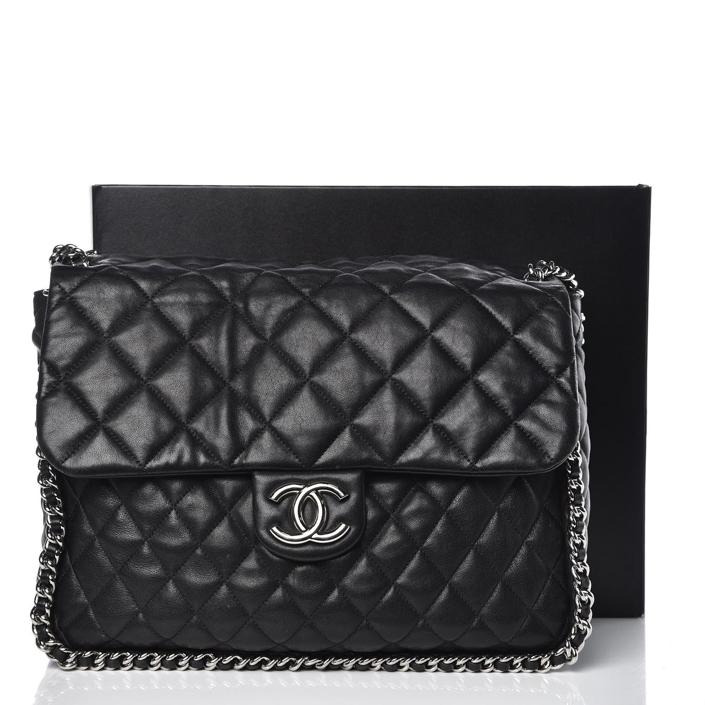 Washed Lambskin Quilted Maxi Chain Around Flap Black