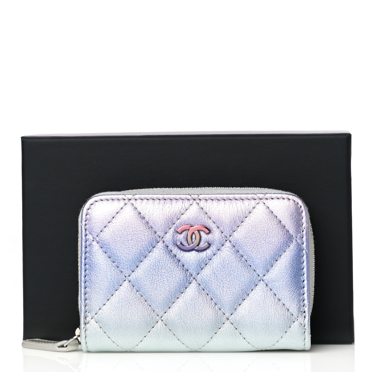Chanel Gradient Metallic Calfskin Quilted Zip Around Coin Purse Wallet Silver Blue Yellow Purple 11 of 11