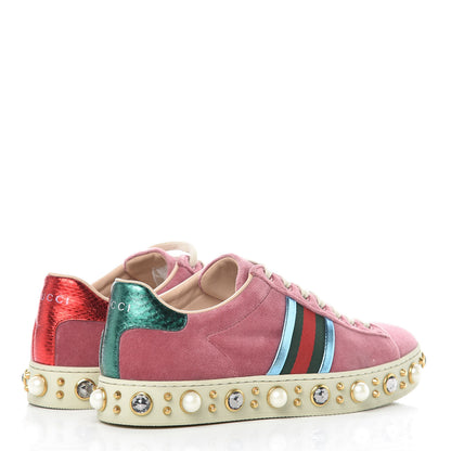 Gucci Velvet Ayers Web Faux Pearl Embellished Womens New Ace Sneakers 35.5 Tibet Red 4 of 11