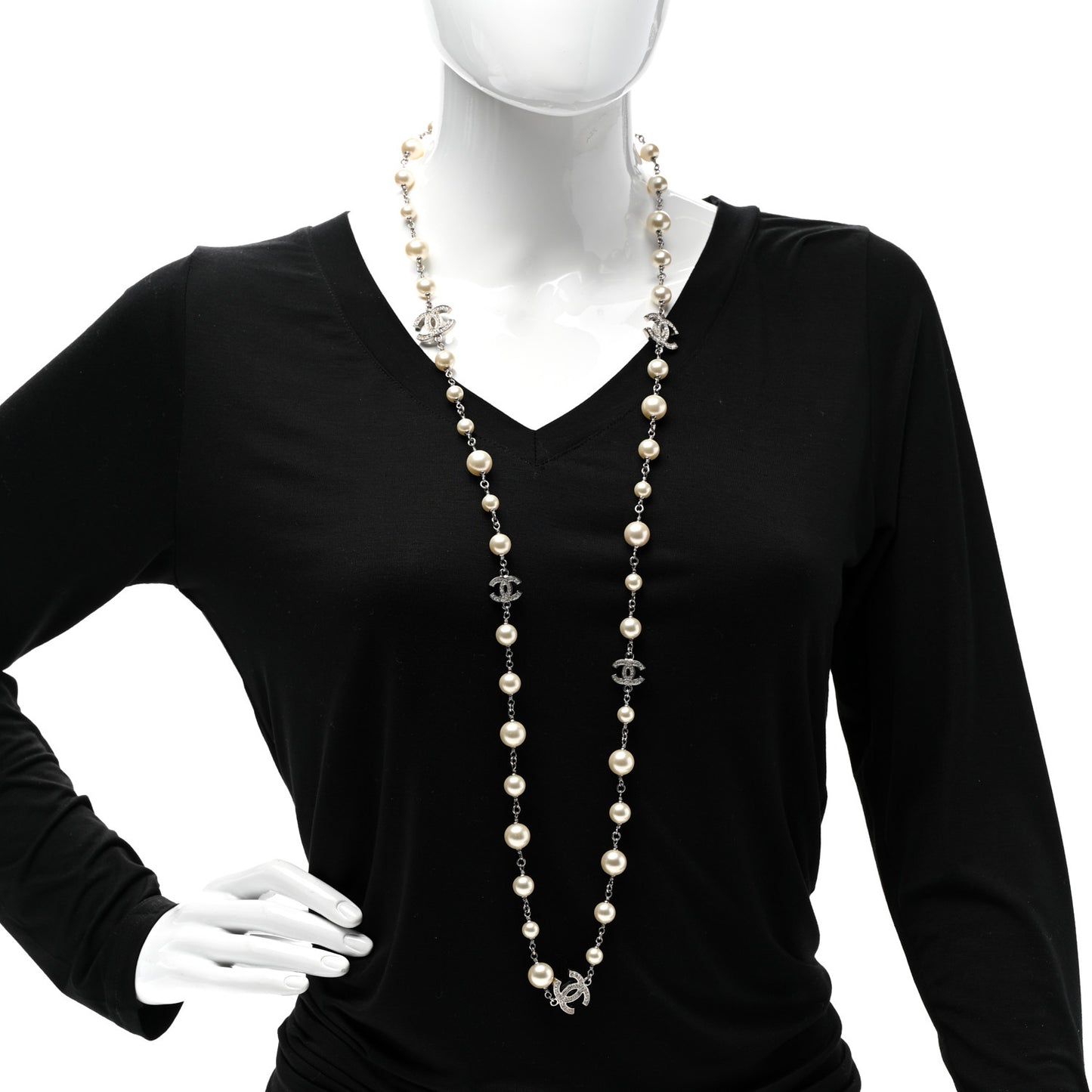 Graduated Pearl Crystal CC Long Necklace Silver